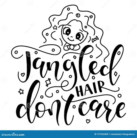tangled hair dont care vector illustration with black text and doodle drawing a girl who needs