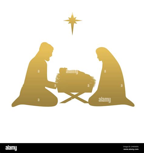 Christmas Story Mary Joseph And Baby Jesus In Manger Golden Silhouette