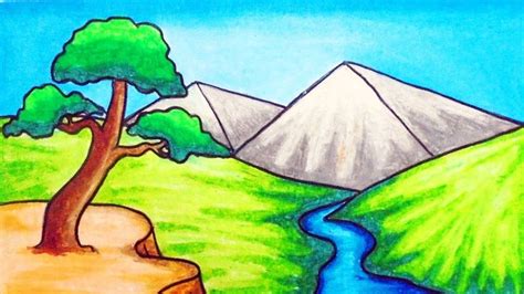 How To Draw Easy Scenery Drawing River And Mountain