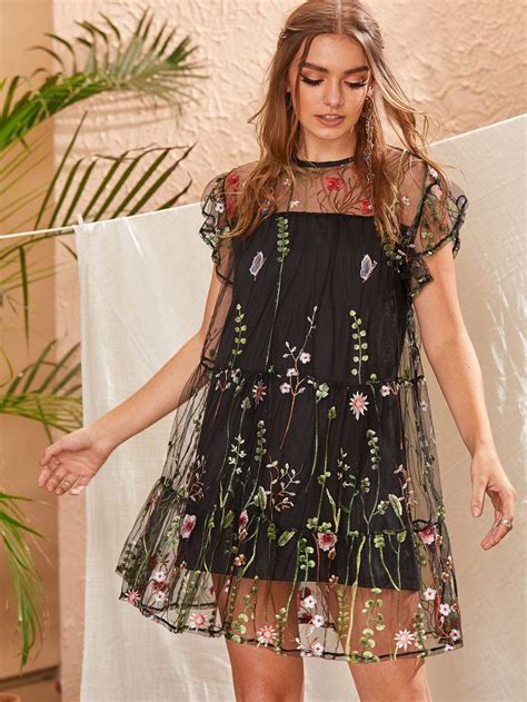Floral Embroidery Mesh Overlay Button Keyhole Dress Floral Embroidery