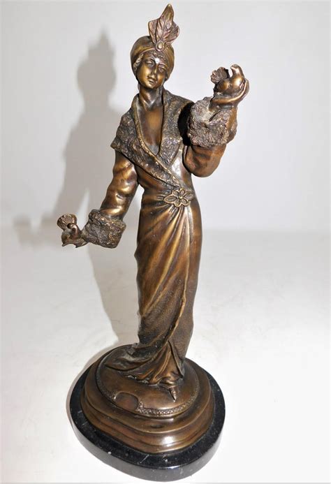 Bronze Art Deco Figurine Sculpture Woman With Doves In Flowing Dress On Marble For Sale At 1stdibs