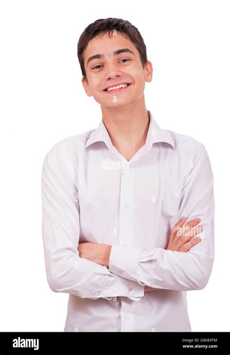 Portrait Of Happy Smiling Young Man Wearing A White Shirt Standing With