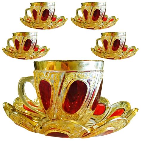 Five Exceptional Moser Glass Cups And Saucers Two Colors Circa 1900 Moser Glass Glass Cup