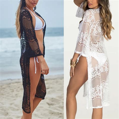2018 Sexy Lace Beach Cover Up White Black Swimwear Cover Up Long Beach