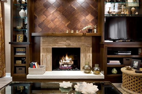 Subtle texture, like the tiled backsplash around the hearth and patterned pillows, keeps things interesting. Splendid Design: Beautiful Wood Tile