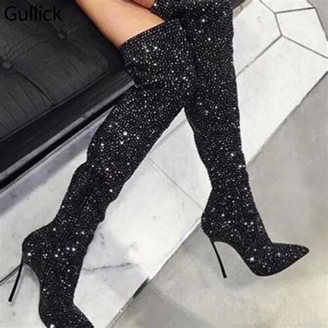 Gullick Women Black Crystal Over The Knee Boot Sexy Pointed Toe Metal