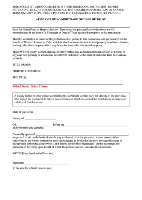 Affidavit Of No Mortgage Or Deed Of Trust Form Printable Pdf Download