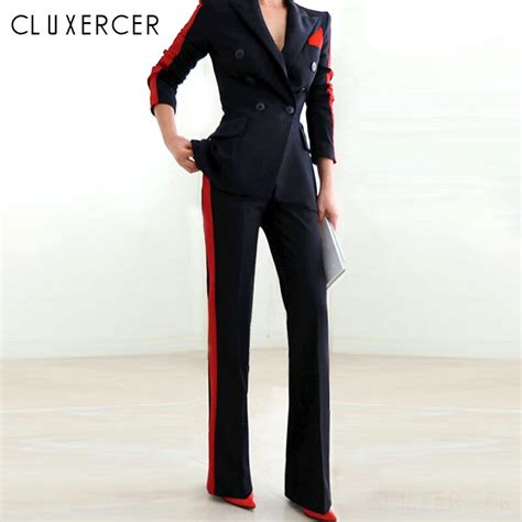 2019 Arrival Office Work Pant Suits Women Double Breasted Striped