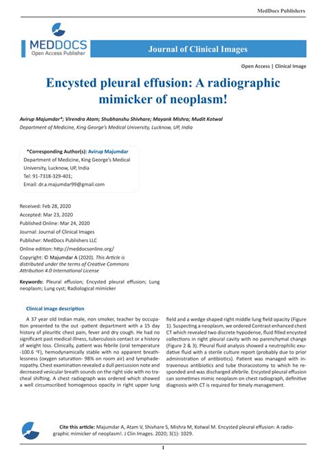 Pdf Encysted Pleural Effusion A Radiographic Mimicker Of Neoplasm