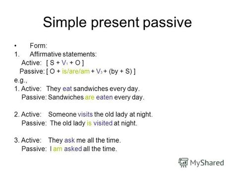 Here are some examples of sentences in passive voice in present simple tense Презентация на тему: "Passive voice Simple Present ...