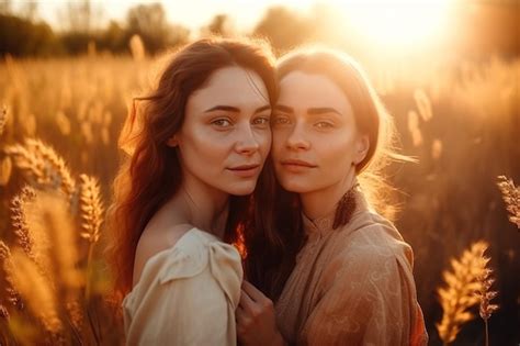 Premium Photo Two Lgbt Lesbian Girls In Love Hug In Field In Summer Sunset Generative Ai