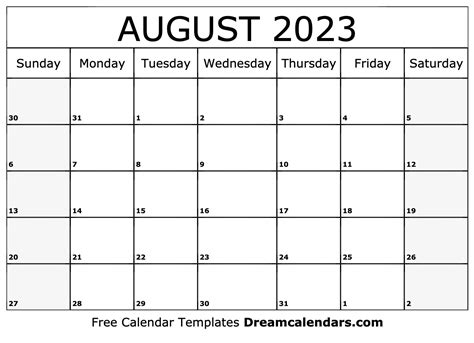Free Printable Blank August 2023 Calendar Calendar 2023