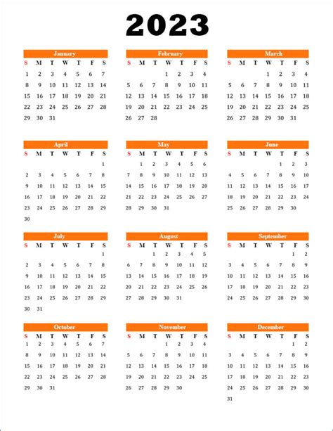 Yearly Calendar 2023 Printable One Page 2023 Calendar Printable