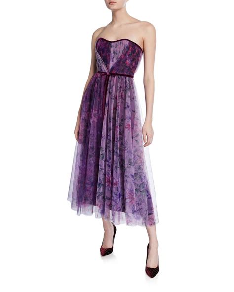 Marchesa Notte Floral Colorblock Strapless Sweetheart Tea Length Tulle