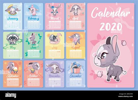 Cute Animales 2020 Calendario Con Diseño De Plantilla Con Dibujos