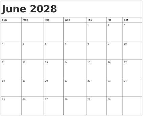June 2028 Calendar Template