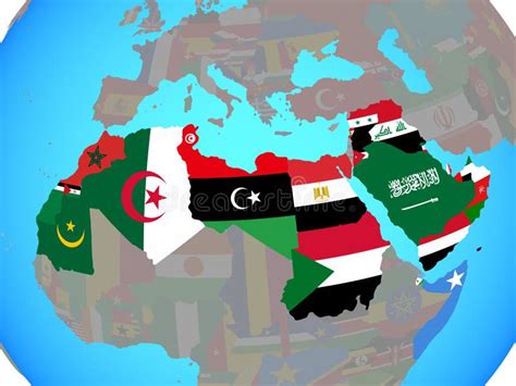 Liga árabe Con Las Banderas En Mapa Stock de ilustración Ilustración