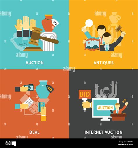 Auction Deal Icons Set With Antiques And Internet Bidding Flat Isolated