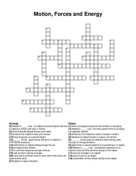 Motion Forces And Energy Crossword Puzzle