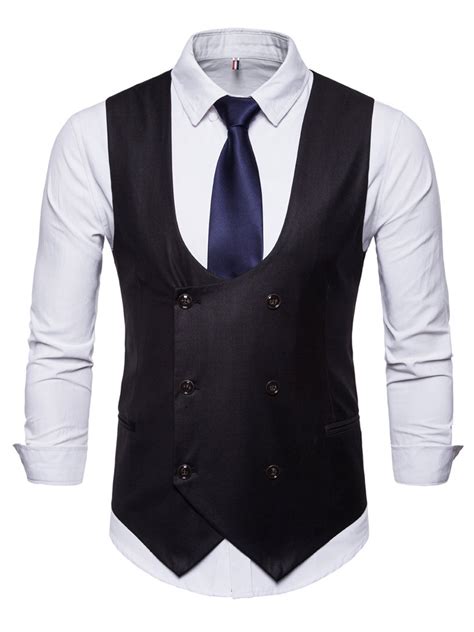 Lallc Mens Double Breasted Waistcoat Casual U Neck Fitness Tuxedo Business Vest Coat