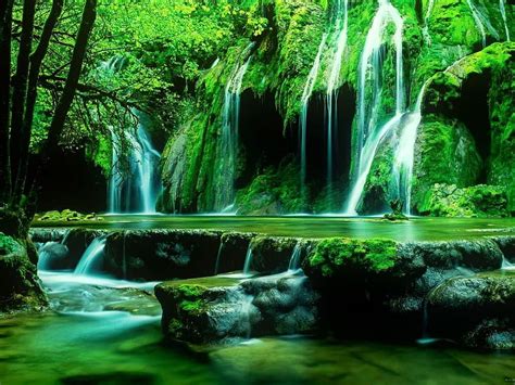 Waterfalls Green Waterfall Beautiful Forest Cascades Fall Trees Hd