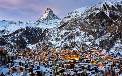 Switzerland Mountains Snow Winter Town Matterhorn