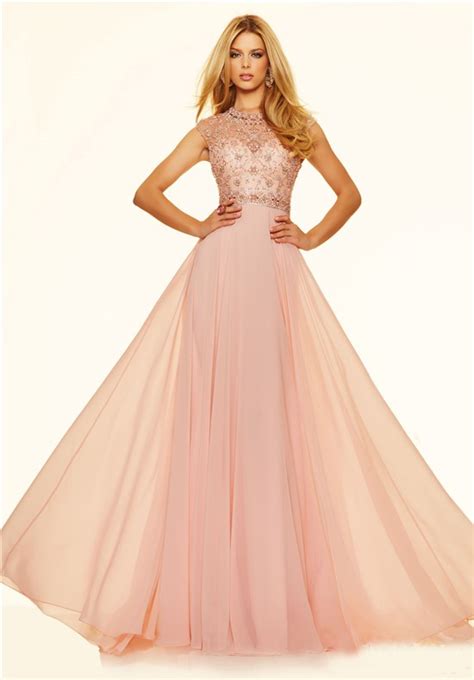A Line Cap Sleeve Open Back Long Blush Pink Chiffon Beaded Prom Dress