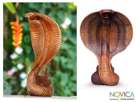 Original Wood Statuette Snake Sculpture Hand Carved Cobra Novica Bali