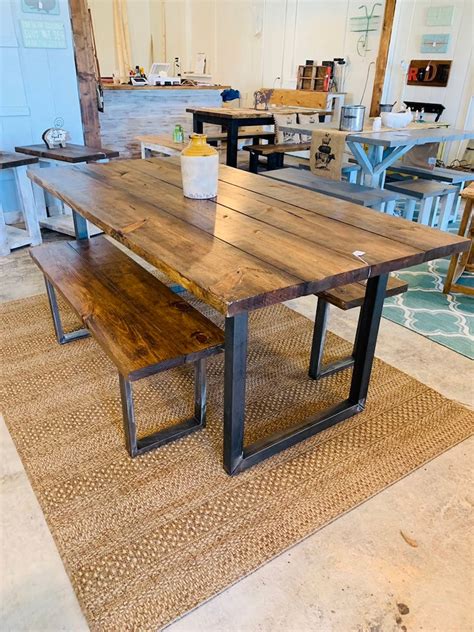 Industrial Farmhouse Table With Benches Rustic Steel Legs Etsy
