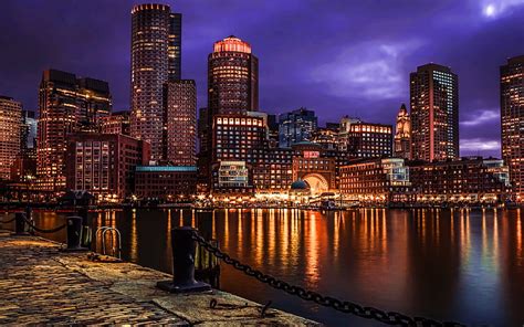 Boston At Night Promenade R Massachusetts Usa America City Of