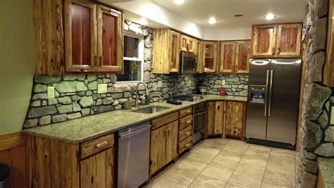 Rustic Red Cedar Kitchen With Cultured Stone Backsplash