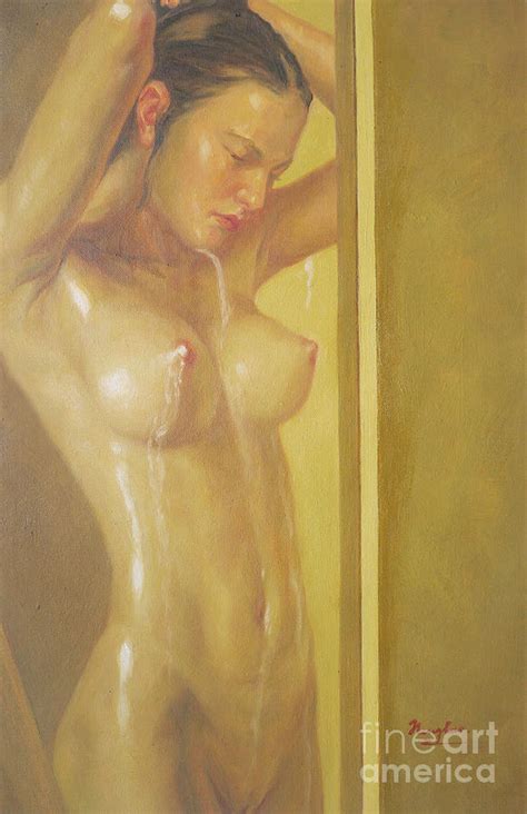 Original Oil Painting Body Female Nude Art Nude Girl In The Bathroom
