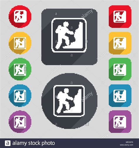 Rock Climbing Icon Sign A Set Of 12 Colored Buttons And A Long Shadow