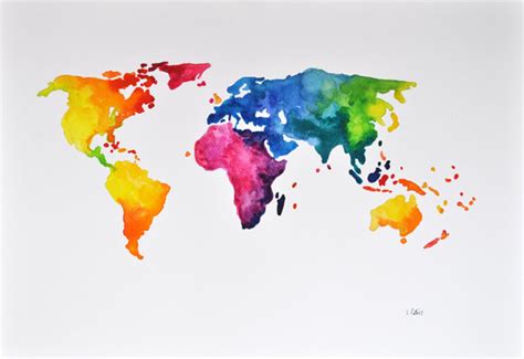 Original Abstract World Map Watercolor Painting Colorful Etsy