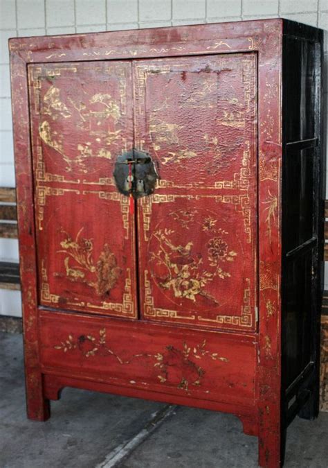 Red Chinoiserie Cabinet Chest Hand Painted Red Chinoiserie Vintage