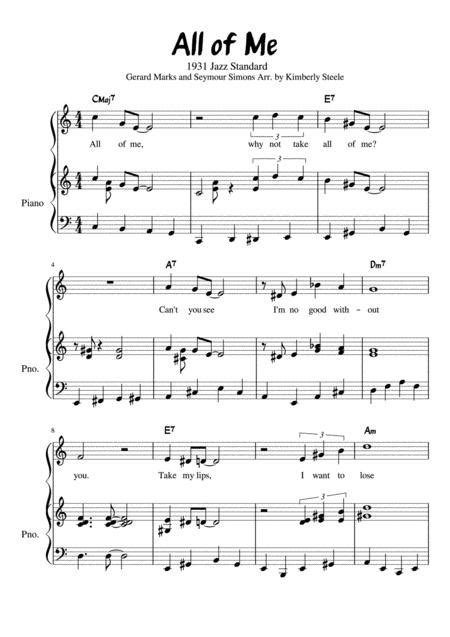 This is the free all of me sheet music first page. All Of Me 1931 Jazz Standard For Early Intermediate Piano And Optional Voice By - Digital Sheet ...