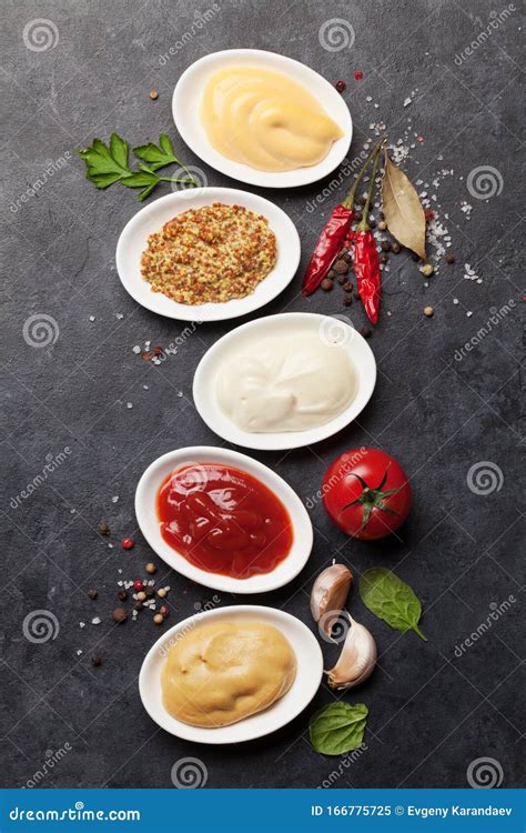 Set Of Various Sauces Popular Sauces In Bowls Stock Image Image Of