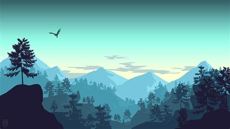 Hd Wallpaper Minimalistic Landscape Mountains Forest Bird Sky