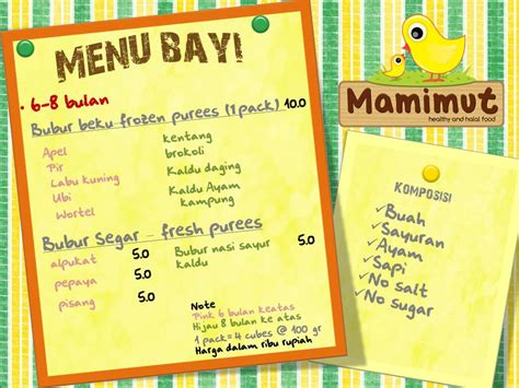 Anda dapat mengatur menu perhari bubur susu pada pagi hari, nasi tim pada siang dan sore hari. Mamimut: Menu untuk bayi 6-9 bulan