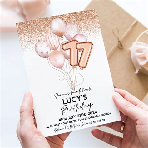 Rose Gold 11th Birthday Invitation Balloon Editable Printable Invite