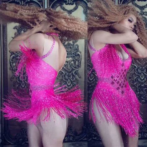 5 Colors Sparkly Rhinestone Tassel Bodysuit Nightclub Dance Ds Show Stage Wear Stretch Party