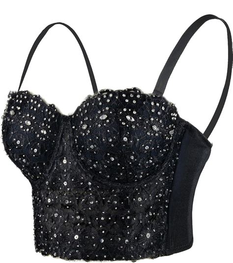 Ellacci Women S Natural Reigning Lace Rhinestone Bustier Crop Top Sexy Mesh Corset Top Bra At