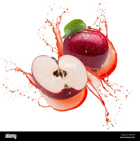Red Apples In Juice Splash Isolated On A White Background Stock Photo