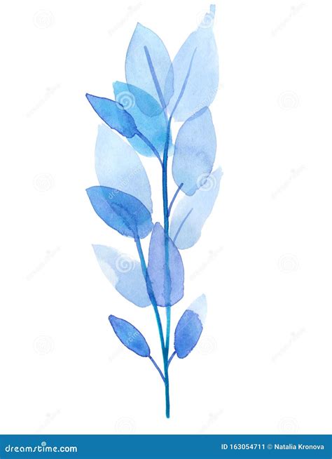 Watercolor Abstract Blue Branches With Leaves Hand Made Botanical