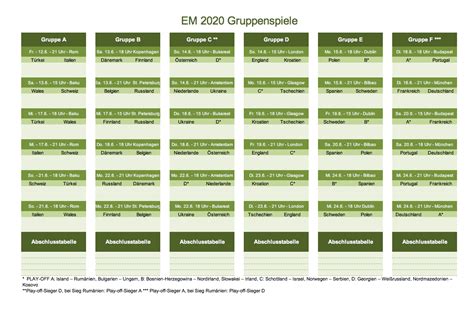 Gruppen und spielplan der em 2020. EM Spielplan 2020 für Excel