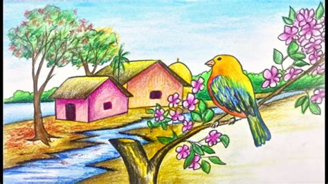 Step 1 draw house of the landscape drawing easy. How to draw scenery of spring season for kids step by step ...