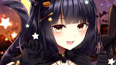 Anime Girls Dark Hair Halloween Cat Girl Nekomimi Brown Eyes Tail
