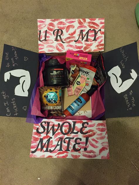 Use the examples here or make up your own, and then add the messages to the lids of jars and fill them with candy or other relevant goodies. Valentines care package U R My Swole Mate Post workout ...