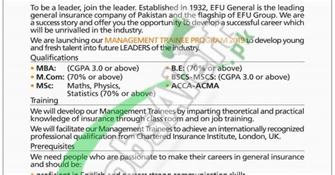 Management trainee program is a structured program, aimed at grooming new talents and develops the qualified into future leader. EFU Management Trainee Program 2019 Apply Online www ...