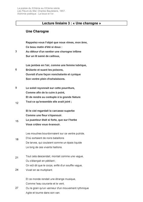 Texte Une Charogne Notes De Cours 13 7 10 La Poésie Du Xixème Au